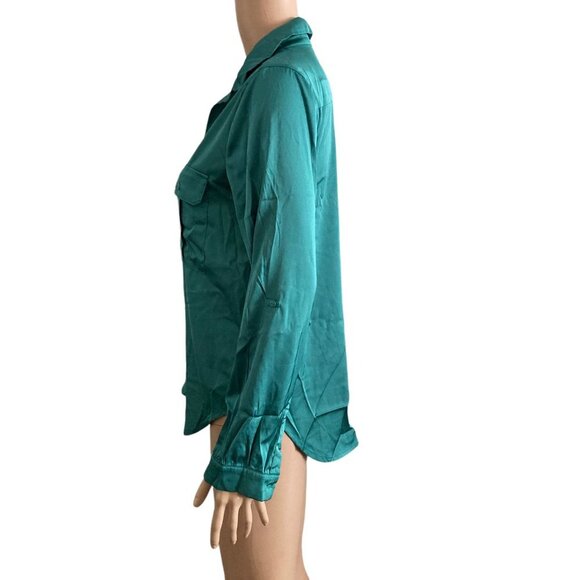 J Lux Label Shirt Button Front Women Small Green Satin - Picture 9 of 9